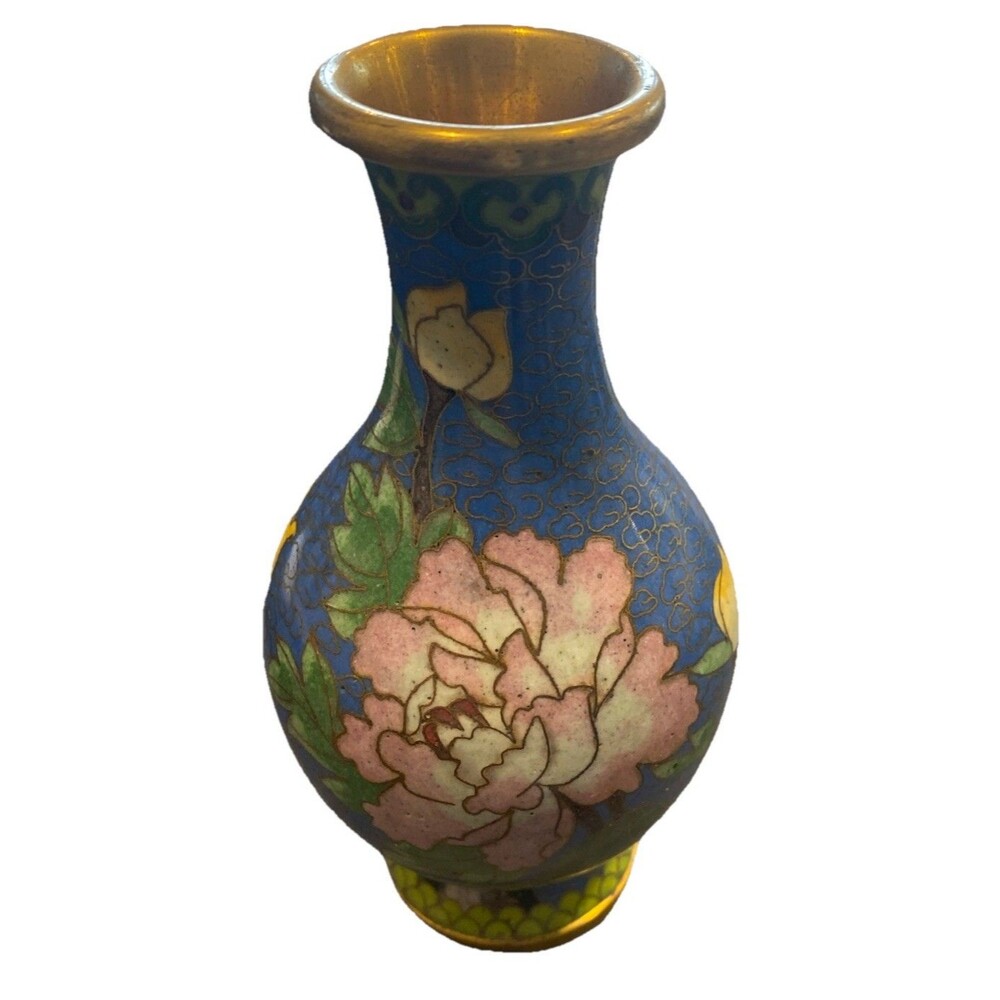 Vintage Blue Chinese Cloisonné Mini Vases 5.5" Painted Gold Tone/Enamel Floral
